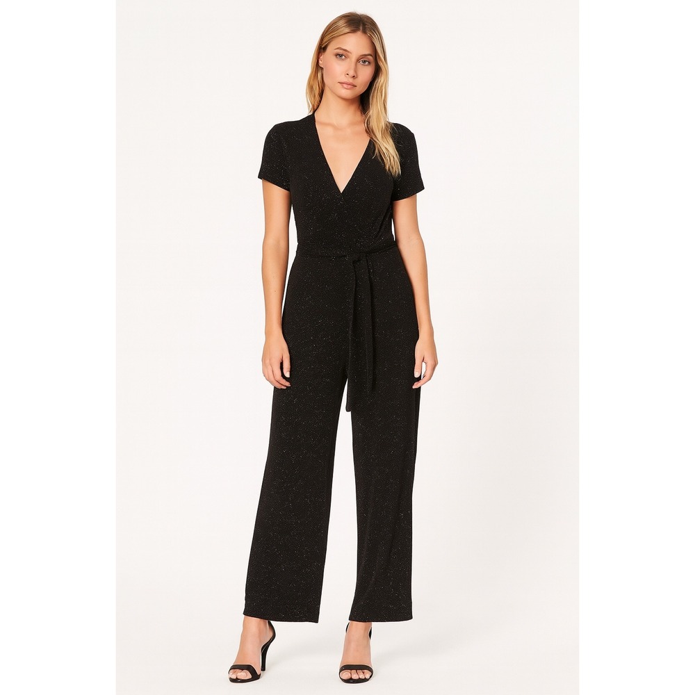 The Icing Miss Ashlee Belted Jumpsuit Black V-Neck Short Sleeve Women's‎ Size 6